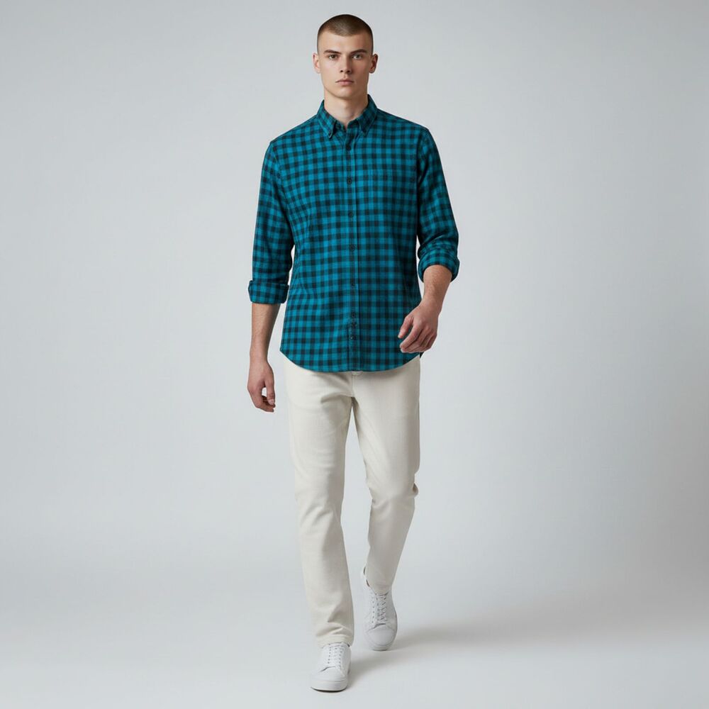 Original Penguin Men's Slim Fit Gingham Button Down Shirt Teal Blue 16.5 L
